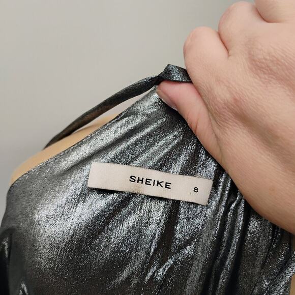 Sheike V-Cut Silver Bodycon Twist Knot Waistline Mini Dress Women's 8 metallic - Picture 16 of 16